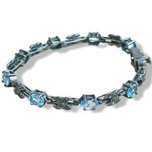 Vintage FAS 925 Tennis Bracelet Light Blue Stones Marcasite Art Deco Style 7”